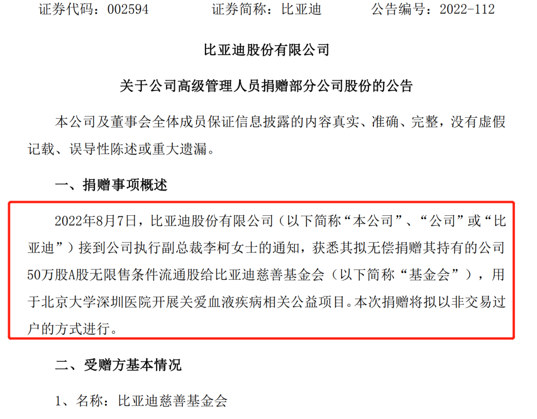 (比亚迪副总裁豪捐1.6亿)1.6亿元!比亚迪执行副总裁豪捐50万股做慈善，支持血液病研究  第1张