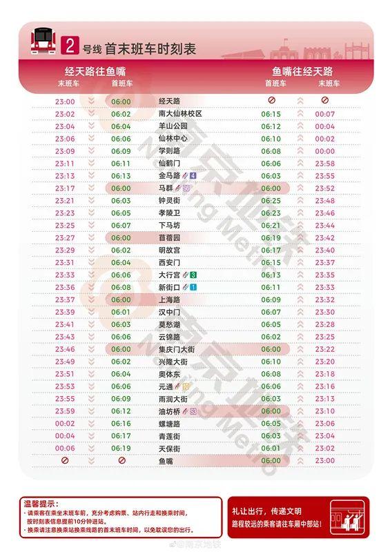 (2023南京地铁时刻表)收藏!2023年南京地铁运营时间表  第7张